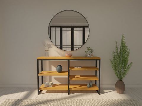 H19 IronThread: Minimalist TV Console, Wood Surface & Open Metal Frame Design, Metal Frame with Natural Wood Finish, Modern Industrial Media Unit, Sleek & Functional H19 IronThread: Minimalist TV Console, Wood Surface & Open Metal Frame Design, Metal Frame with Natural Wood Finish, Modern Industrial Media Unit, Sleek & Functional