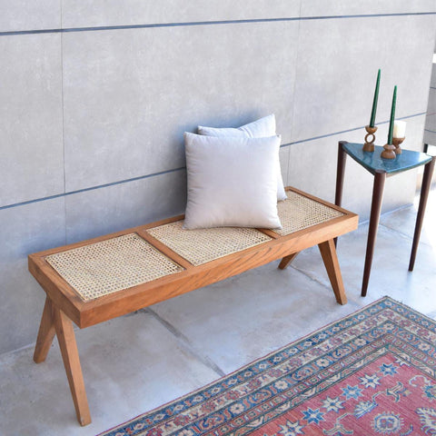 R11 Harbor Weave Bench, Handwoven Cane & Rattan Bench, Natural Rustic Seating