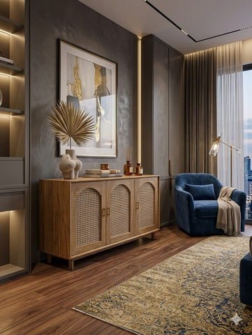 R52 CaneWood Shelf: Canework Shoe Rack, living Room Storage