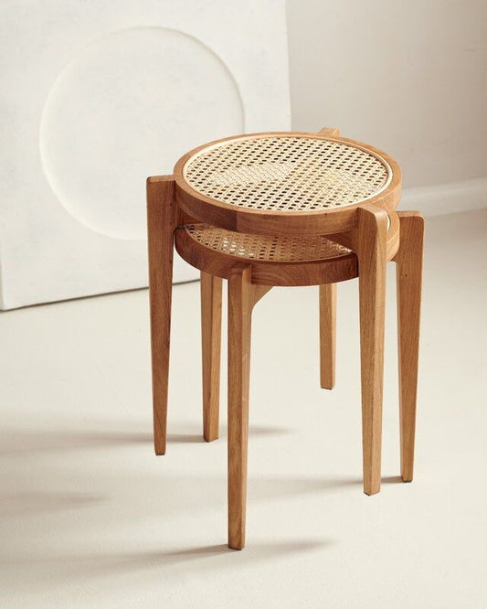 R15 Harvest: Rattan Stool (Pair), Wooden Stool with Handwoven Rattan Seat, Rustic Natural Charm