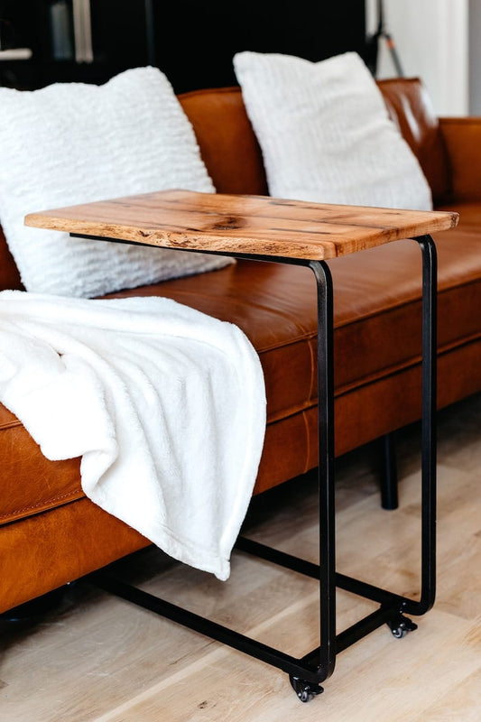 L21 Tram: Live Edge Portable Side Table, Solid Wood Top with Metal Frame C Table