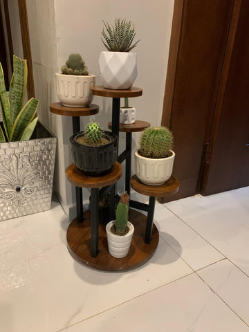 H16 5-Star: Modern Plant Stand, Stylish Indoor Plant Pedestal, Wooden Surface & Strong Metal Legs, Elevated Display for Indoor Greenery, Wood Meets Metal