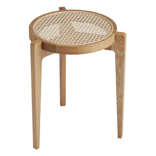 R15 Harvest: Rattan Stool (Pair), Wooden Stool with Handwoven Rattan Seat, Rustic Natural Charm