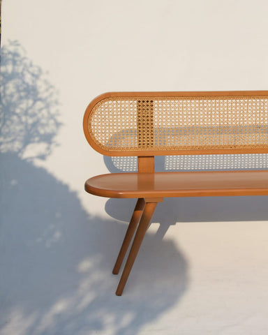 R16 Meadow: Weave Bench, Wooden Bench with Handwoven Rattan Seat, Rustic & Versatile Seating