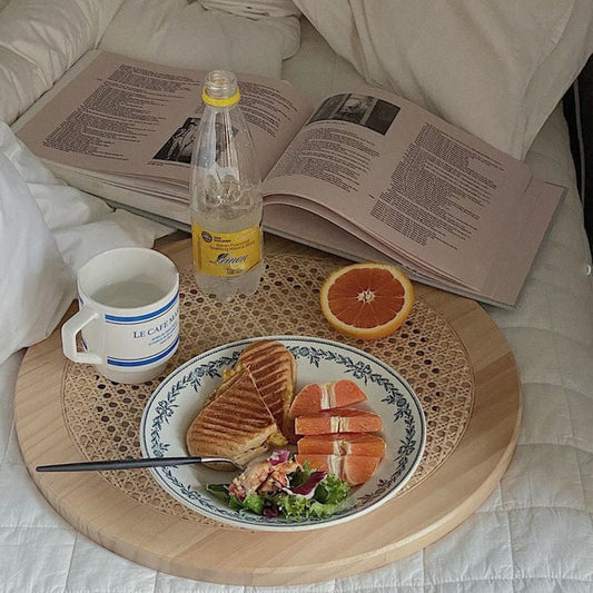 R19 Palm: Handwoven Rattan Round Tray, Rustic Natural Serveware