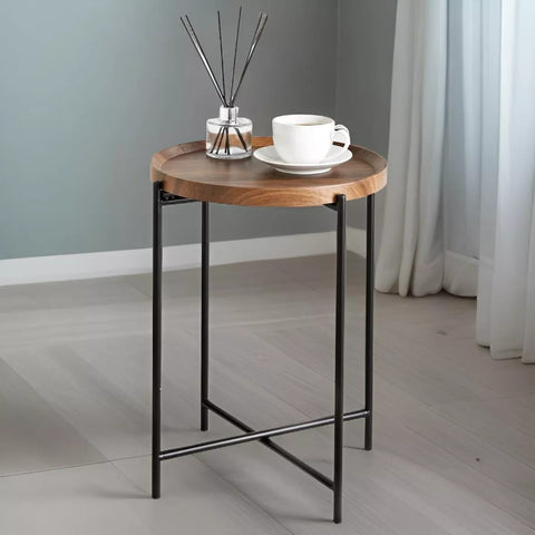 H58Forgewood: Round Coffee Table(pair), Round Iron & Solid Wood Coffee Table, Rustic Industrial Living Room Furniture