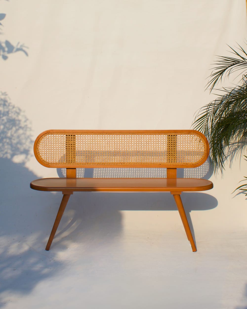 R16 Meadow: Weave Bench, Wooden Bench with Handwoven Rattan Seat, Rustic & Versatile Seating
