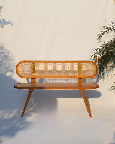 R16 Meadow: Weave Bench, Wooden Bench with Handwoven Rattan Seat, Rustic & Versatile Seating