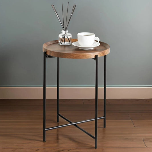 H58Forgewood: Round Coffee Table(pair), Round Iron & Solid Wood Coffee Table, Rustic Industrial Living Room Furniture
