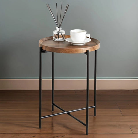 H58Forgewood: Round Coffee Table(pair), Round Iron & Solid Wood Coffee Table, Rustic Industrial Living Room Furniture