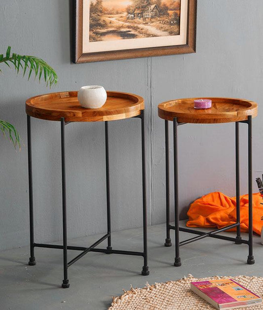 H58Forgewood: Round Coffee Table(pair), Round Iron & Solid Wood Coffee Table, Rustic Industrial Living Room Furniture