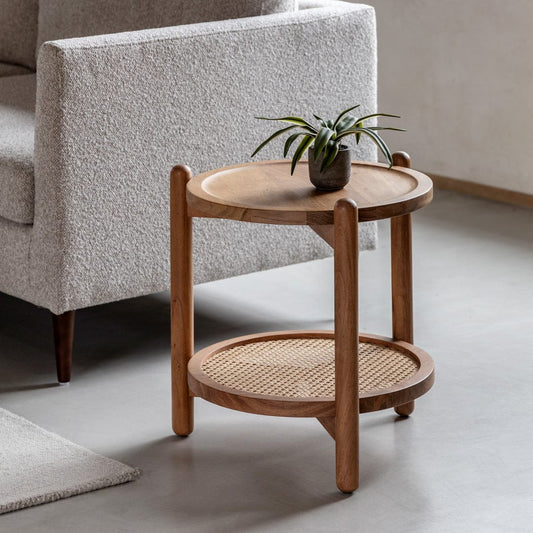 R17 Coastal: Round Rattan Table with Solid Wooden Legs, Natural Accent Piece