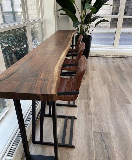 L02 Edvora: Handmade Live Edge Bar Table for Kitchen Counter, Bar Counter and Dining Nook, Wooden Long Bar Table, Sofa Bar Table, Industrial Bar Table, Entrance Hall Table