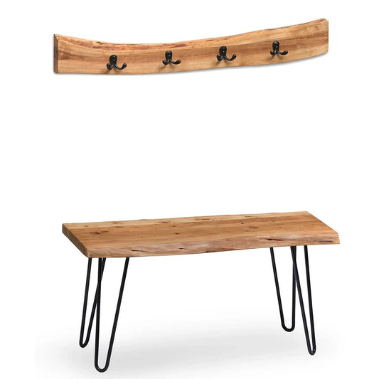 L20 Ratcliff: Live Edge Wall Mounted Coat Hook and Bench, Solid Wood Metal Hairpin Hanger and Bench