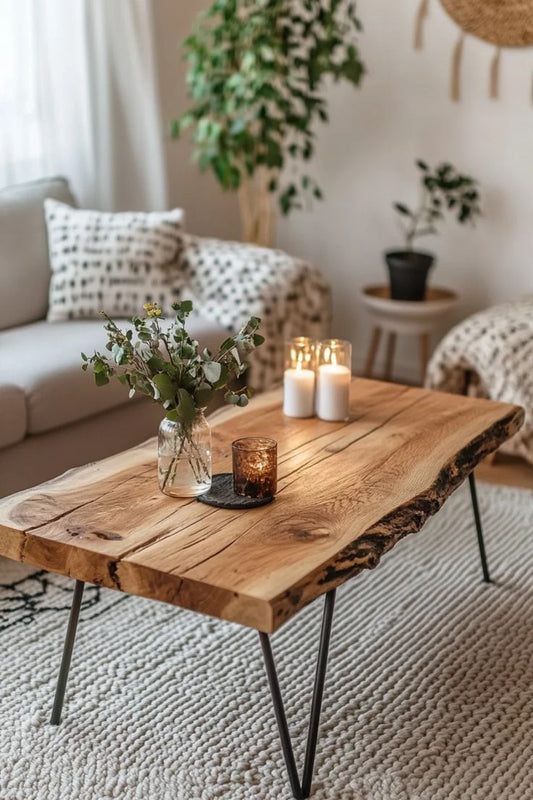 L15 WoodLine: Live Edge Rustic Center Table, Farmhouse Table with Metal Leg, Unique Coffee Tables