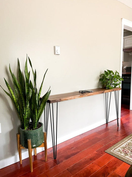 Black sheesham live edge console table with hairpin legs