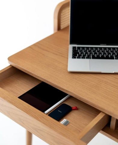 Canelin study table drawer open showing storage space