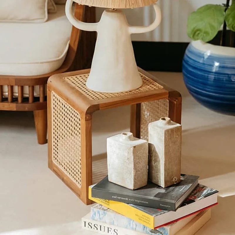 Canella rattan side table with solid Sheesham wood frame – multipurpose stool for living room and bedroom"