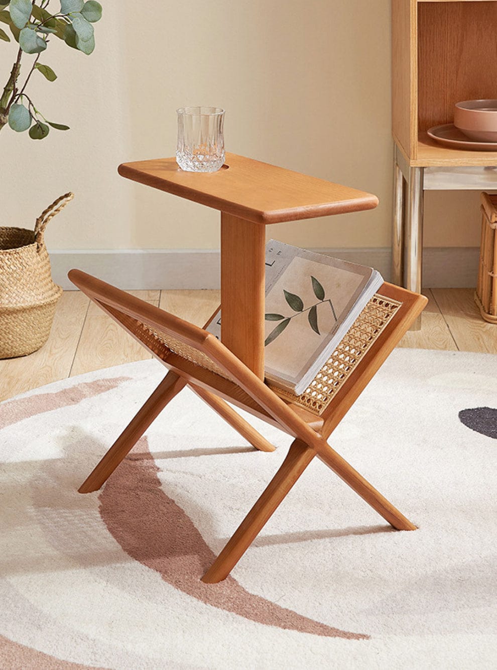 Close-up of hand-woven rattan top on Prestige side table