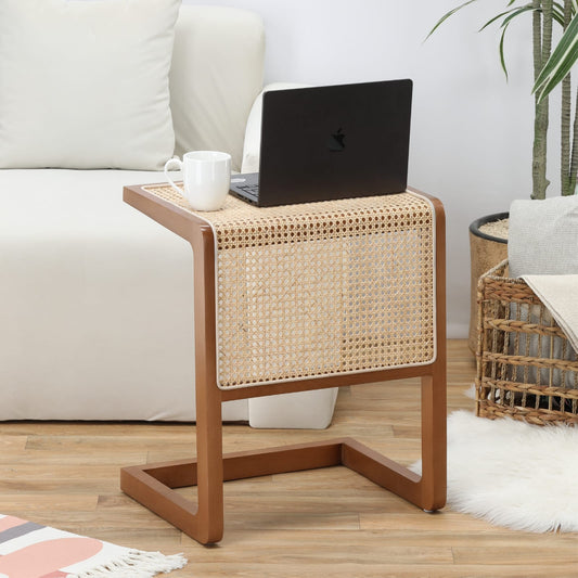 "Close-up of rattan weave on Vista C-shaped side table"