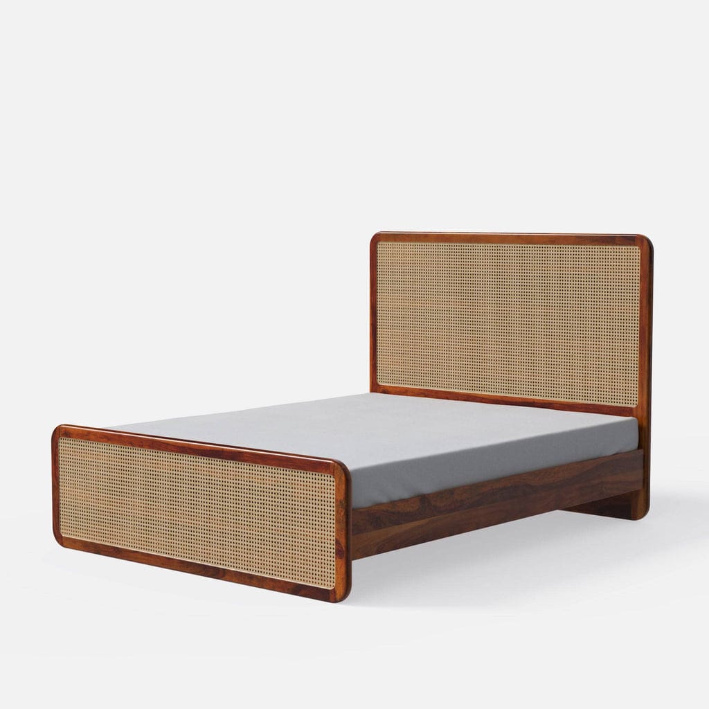 Earth Loom wooden bed with woven cane headboard
