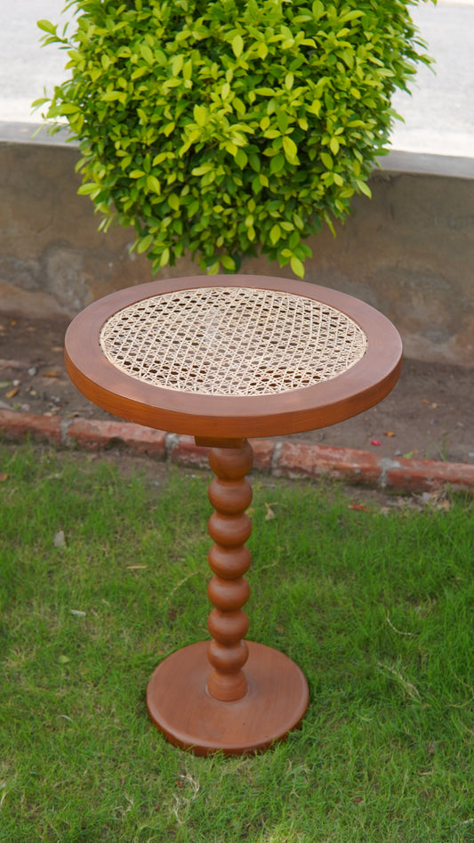 "Eco round rattan side table with solid wood legs"