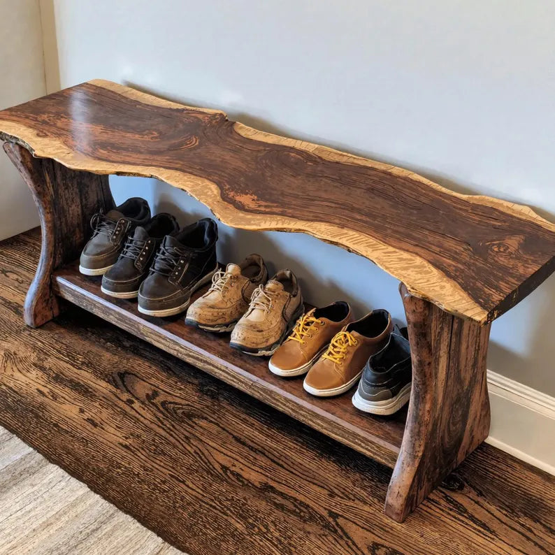 Entryway shoe bench with metal legs, front view