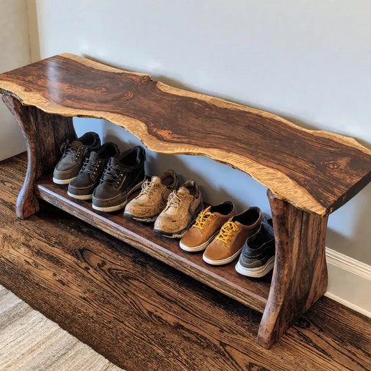 Entryway shoe bench with metal legs, front view