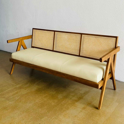 Front view of Hand Weave Rest bench showing rattan seat