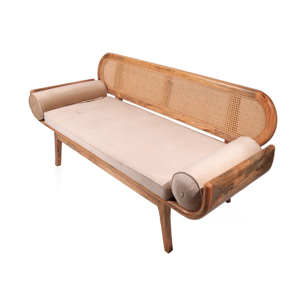 	Front view of Neer Weave bench showing rattan seat