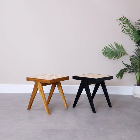Front view of Weave Nest bench showing rattan seat