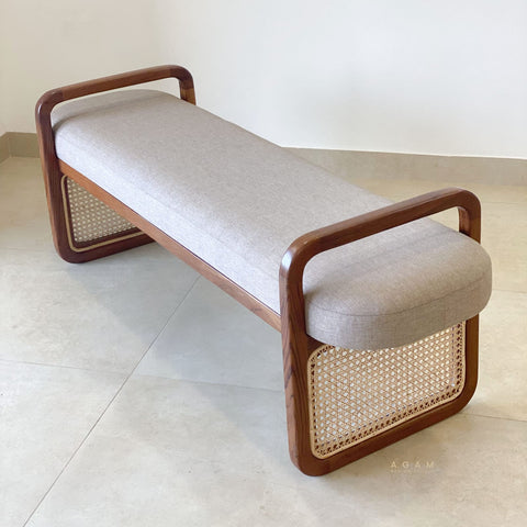 Front view of Weavella bench showing rattan seat