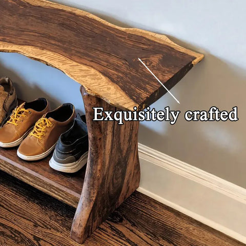 Glossy finish live edge shoe rack bench, side angle