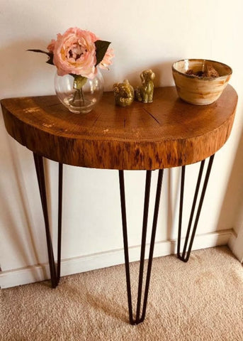 Half-moon live edge console table with hairpin legs