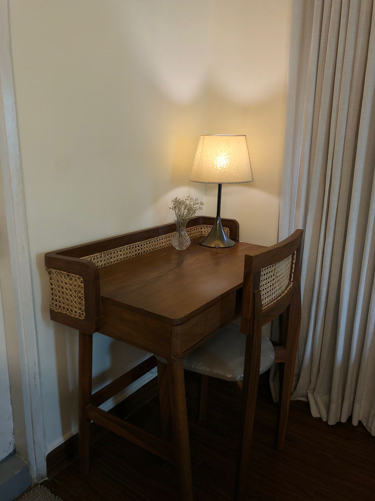 Handcrafted Canelin rattan study table in glossy finish, Rural Gallery Pakistan