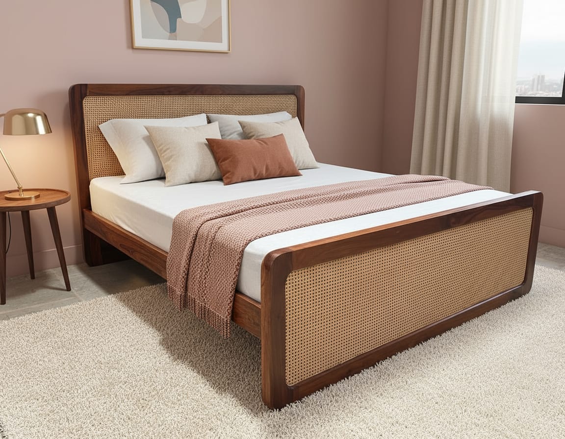 Handcrafted Sheesham wood and rattan cane bed