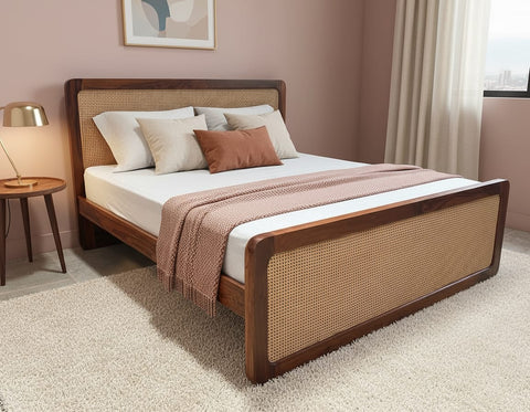 Handcrafted Sheesham wood and rattan cane bed