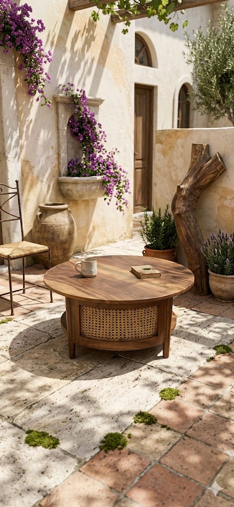 Handcrafted rattan centre table with solid wood