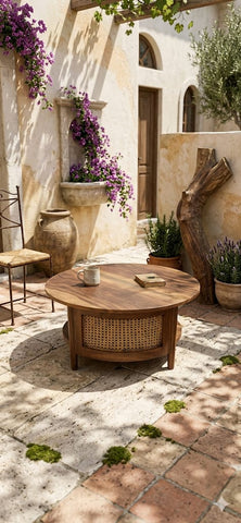 Handcrafted rattan centre table with solid wood
