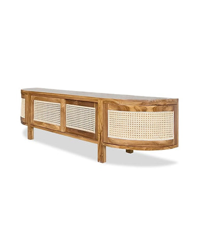 Handcrafted wood and cane TV console
