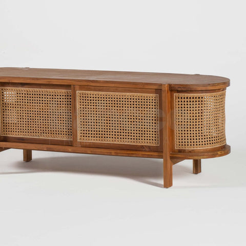 Handcrafted wood and cane TV console