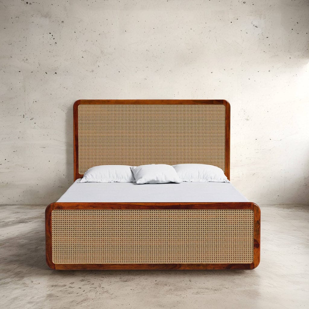 Handcrafted wooden rattan bed for bedroom