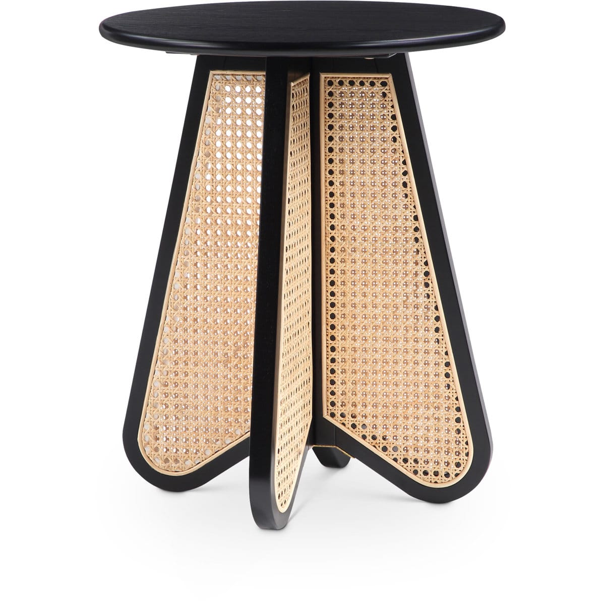 Handwoven cane side table with solid wood frame