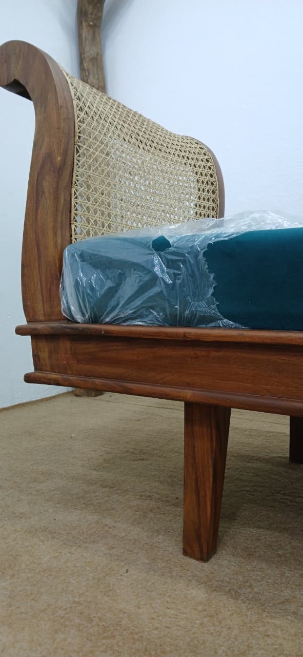Handwoven rattan Deewan with solid wood frame