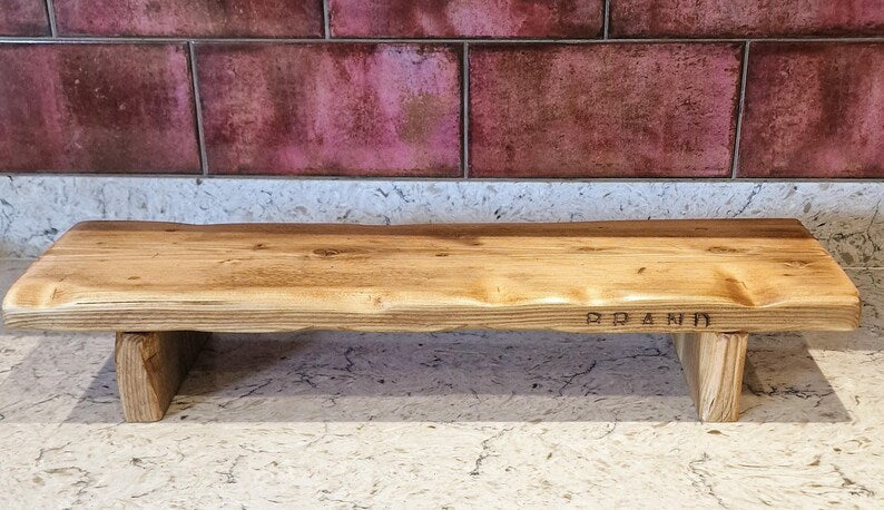 Live edge bathroom shelf riser, angled view