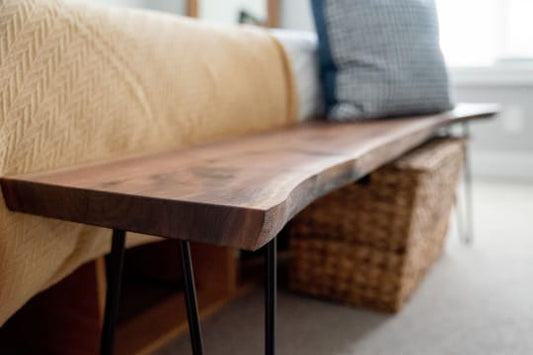 Live edge bench close-up, wood grain detail