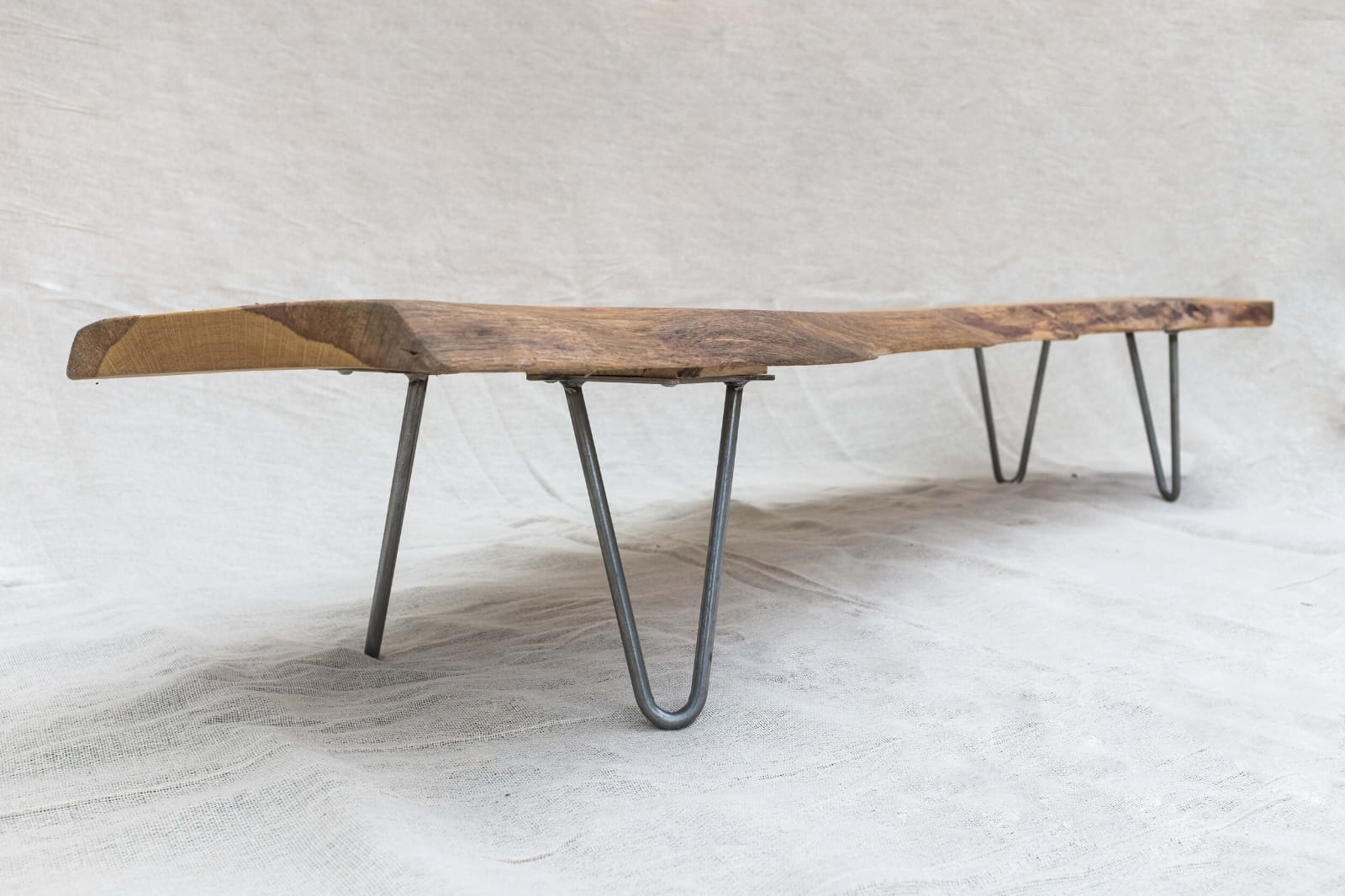 Live edge bench, angled view