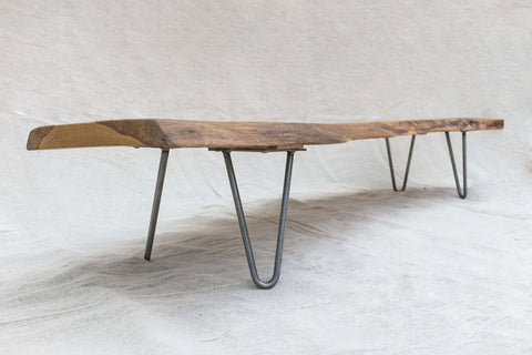 Live edge bench, angled view