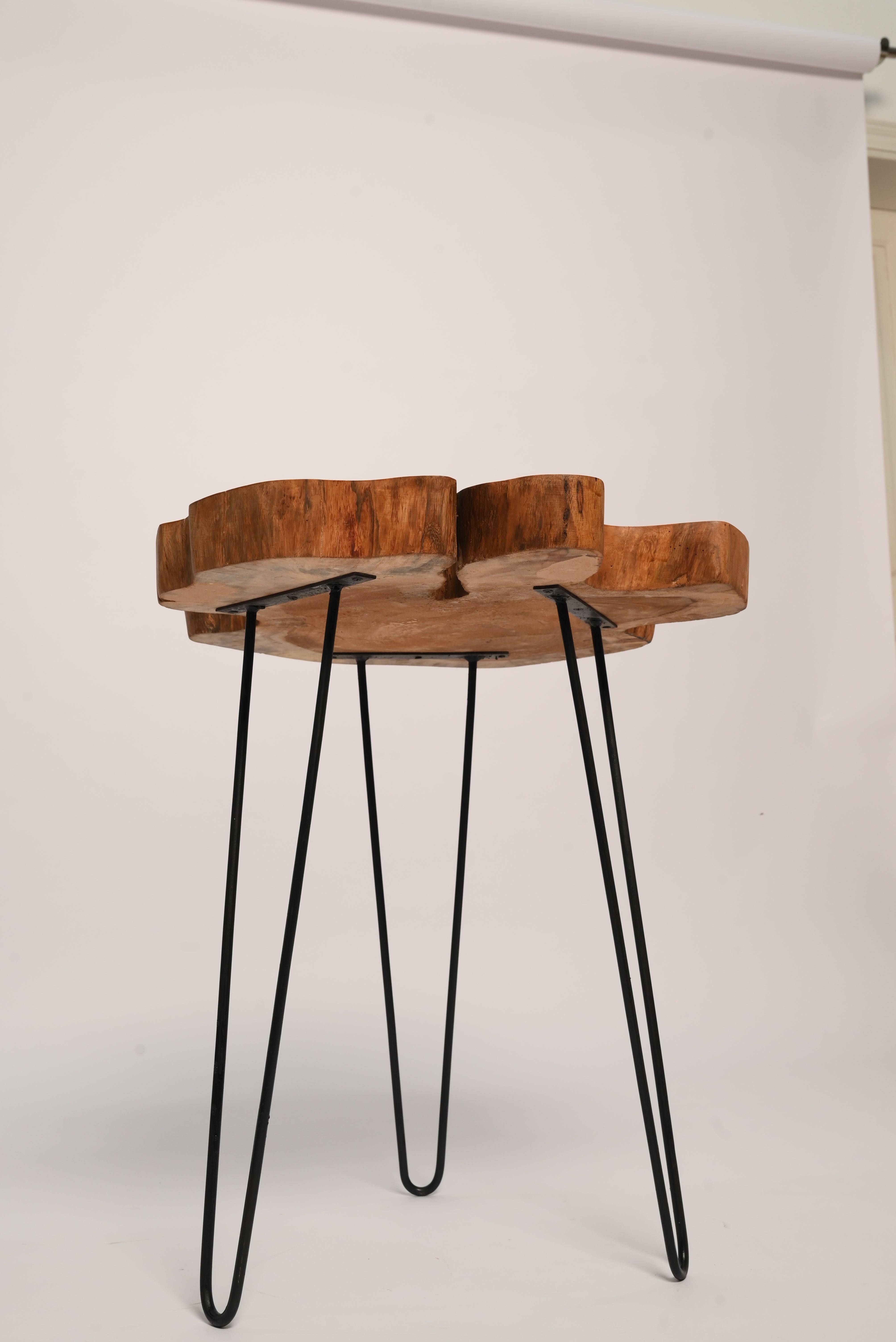 Live edge coffee table with hairpin legs, side angle