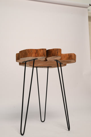 Live edge coffee table with hairpin legs, side angle
